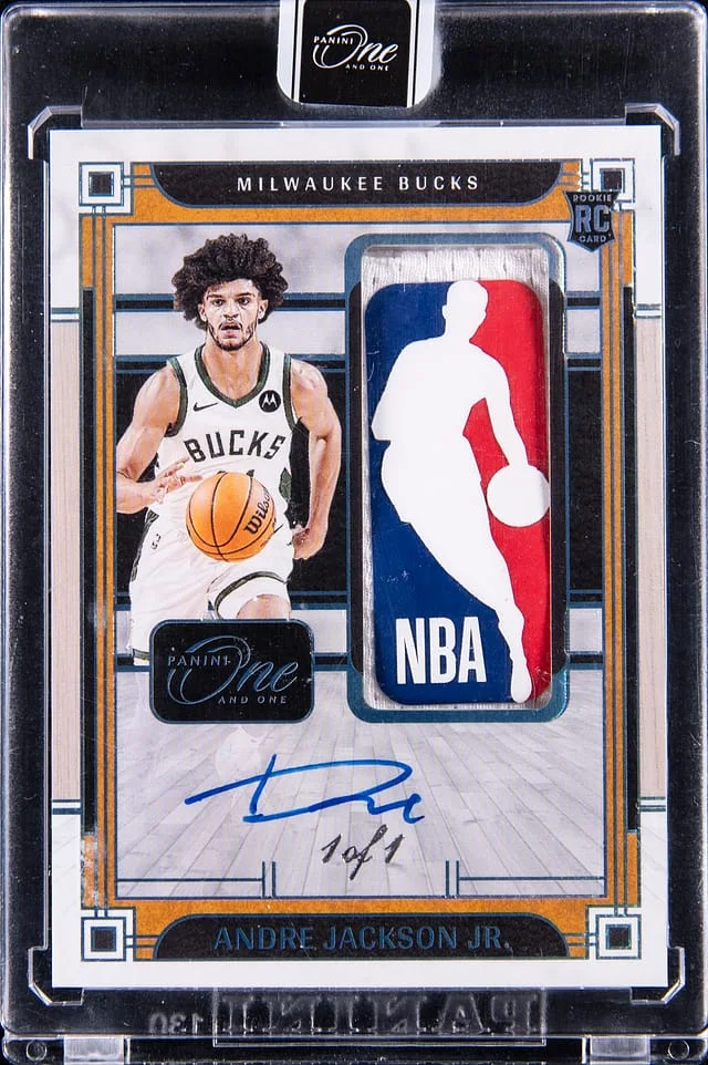 2023-24 Panini One and One Andre Jackson Jr. Jumbo Jersey Autographs Platinum #RJJ-AJJ card image