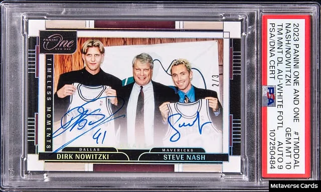 2023-24 Panini One and One Dirk Nowitzki/Steve Nash Timeless Moments Dual Autographs White 1st Off the Line (FOTL) #TMD-DAL card image