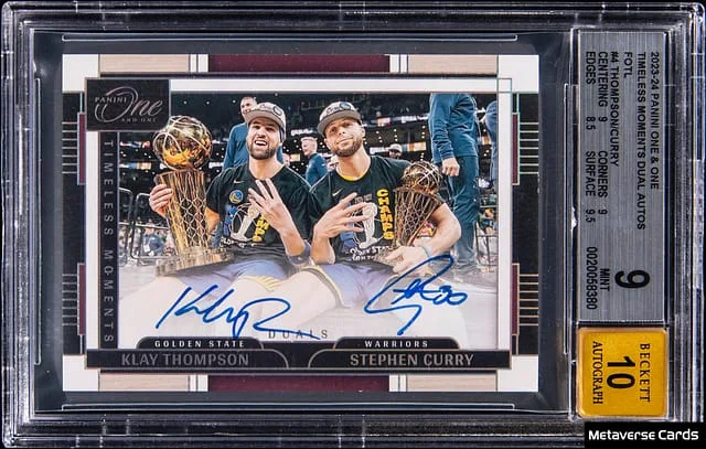2023-24 Panini One and One Klay Thompson/Stephen Curry Timeless Moments Dual Autographs FOTL #TMD-GSW card image
