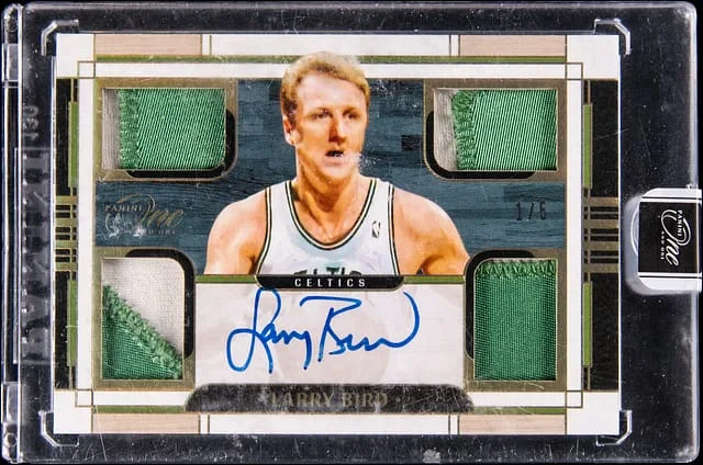 2023-24 Panini One and One Larry Bird Quad Patch Autographs Gold #QPA-LBD card image