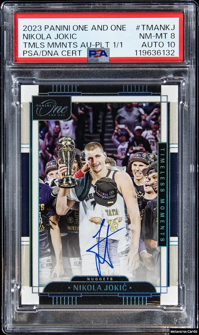 2023-24 Panini One and One Nikola Jokic Timeless Moments Autographs Platinum #TMA-NKJ card image