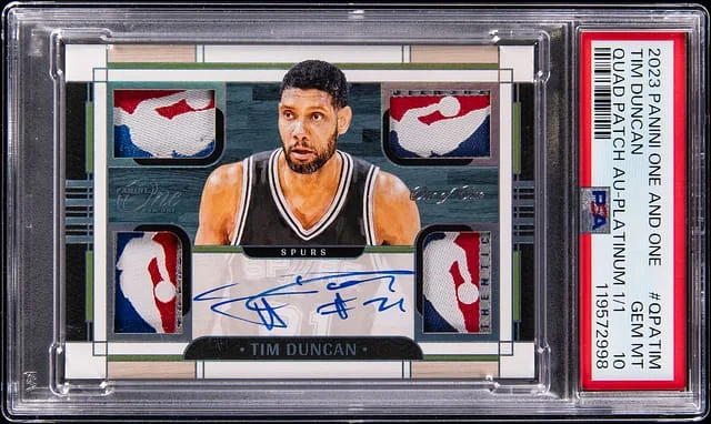 2023-24 Panini One and One Tim Duncan Quad Patch Autograph Platinum #QPA-TIM card image