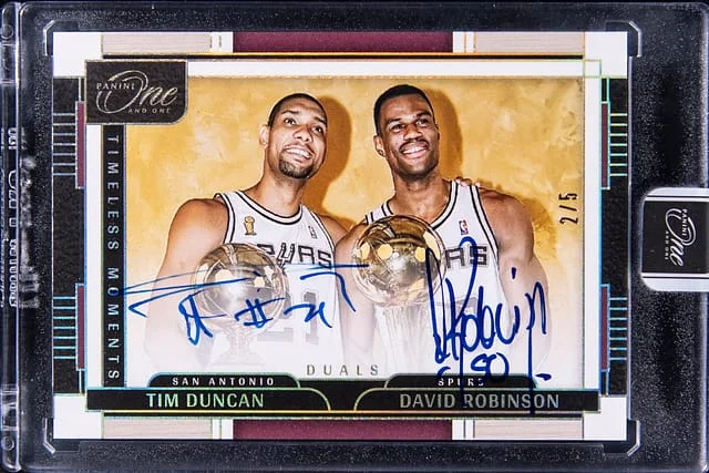 2023-24 Panini One and One Tim Duncan/David Robinson Timeless Moments Dual Autographs Gold #TMD-SA card image