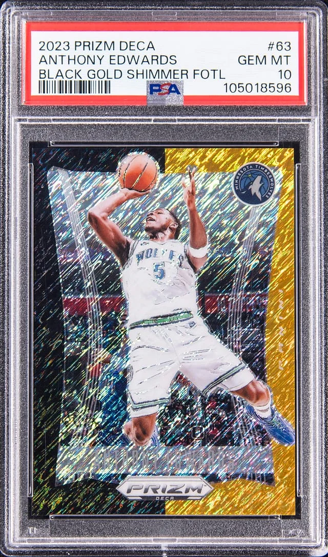 2023-24 Panini Prizm Anthony Edwards Deca Black Gold Shimmer FOTL Prizm #63 card image