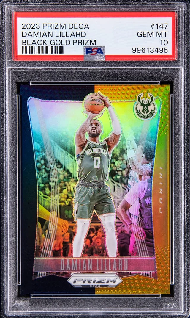 2023-24 Panini Prizm Damian Lillard Deca Black Gold Prizm #147 card image