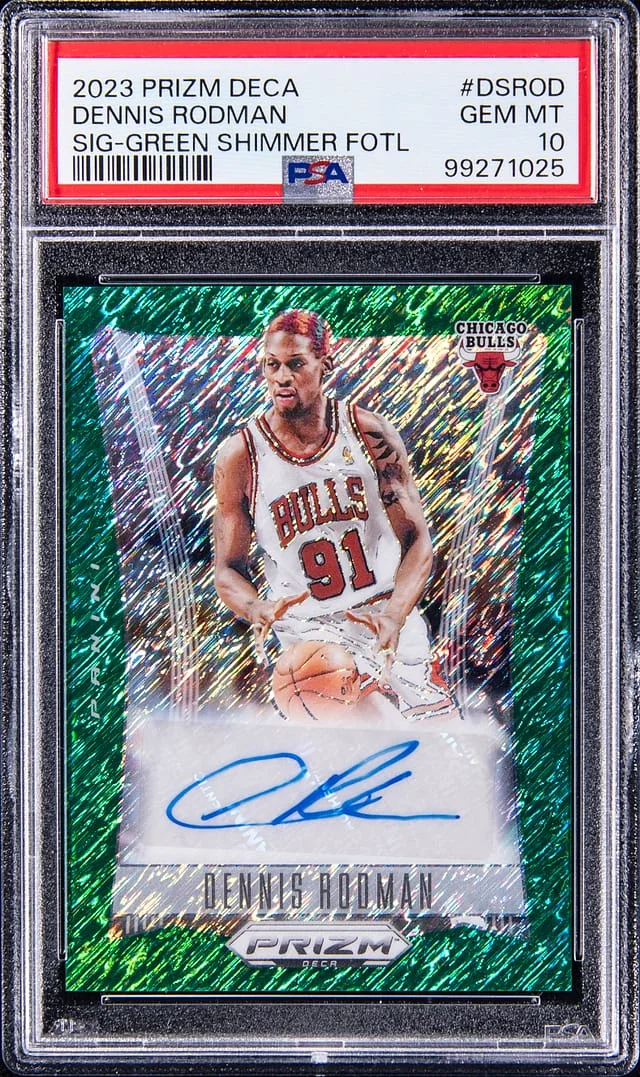 2023-24 Panini Prizm Dennis Rodman Deca Signatures Green Shimmer FOTL #DS-ROD card image