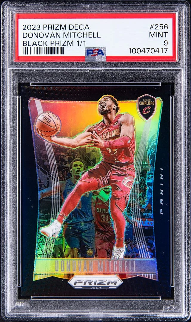 2023-24 Panini Prizm Donovan Mitchell Deca Black Prizm #256 card image