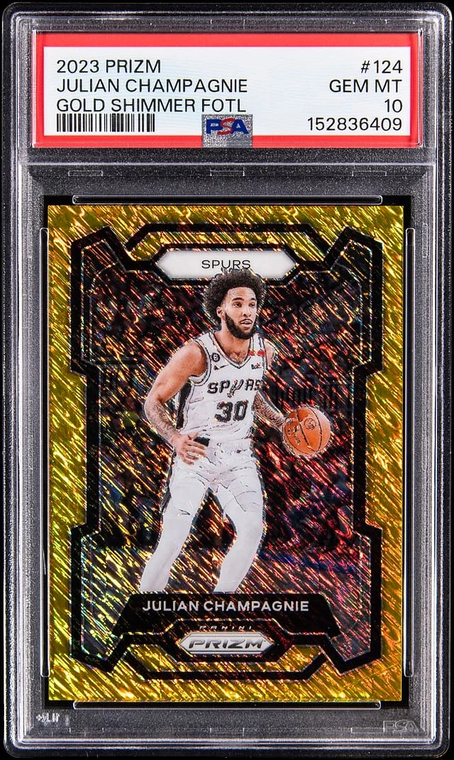 2023-24 Panini Prizm Julian Champagnie Gold Shimmer FOTL Prizm #124 card image