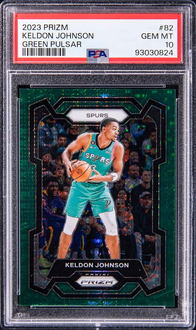 2023-24 Panini Prizm Keldon Johnson Green Pulsar #82 card image