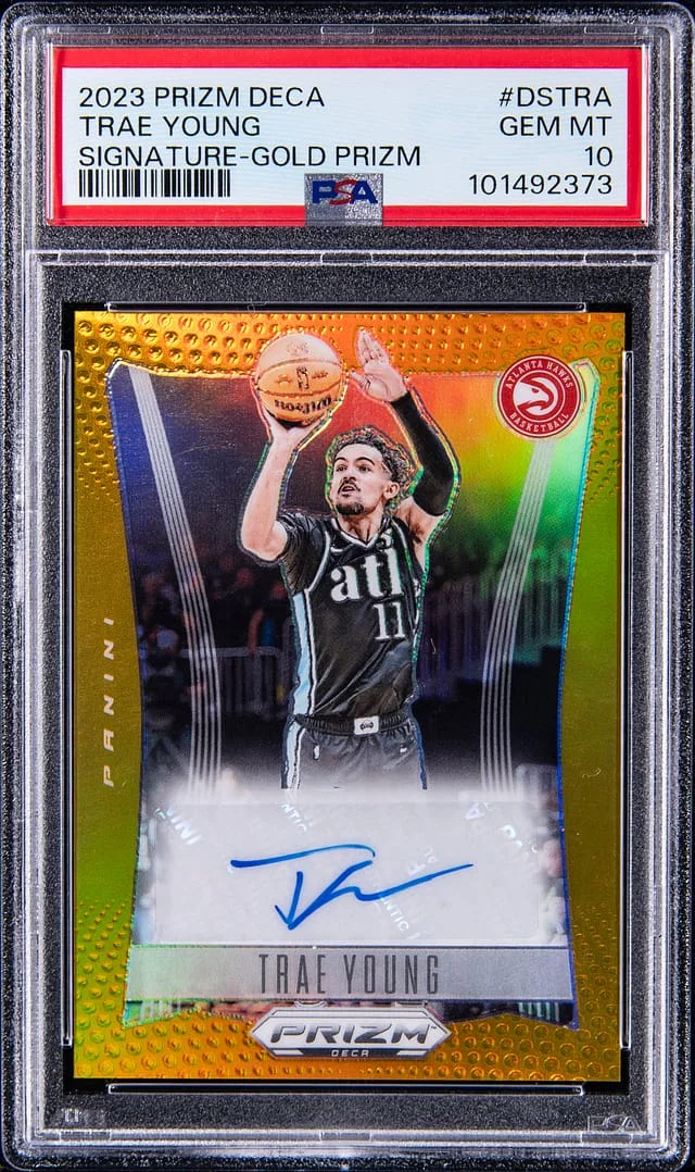 2023-24 Panini Prizm Trae Young DECA Signature Gold Prizm #DS-TRA card image