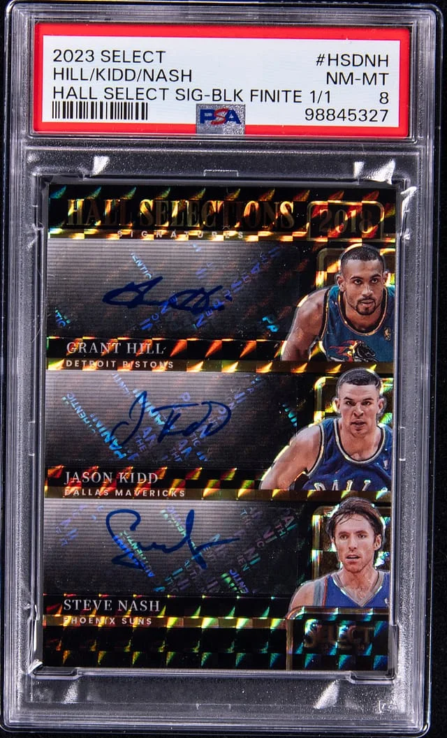 2023-24 Panini Select Grant Hill/Jason Kidd/Steve Nash Multi-Signed Hall Selections Signatures Black Finite #HS-DNH card image