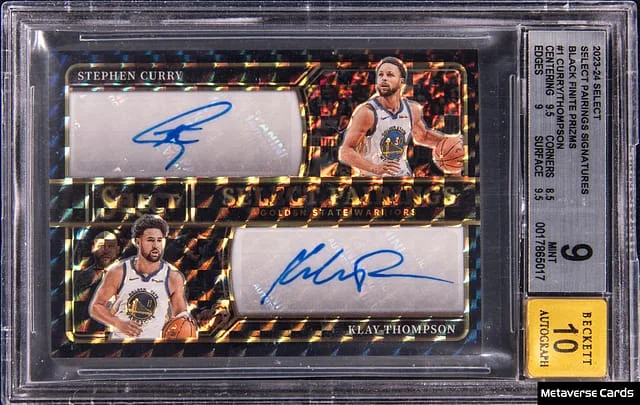 2023-24 Panini Select Stephen Curry/Klay Thompson Pairings Signatures Black Finite Prizm #SP-GSW card image