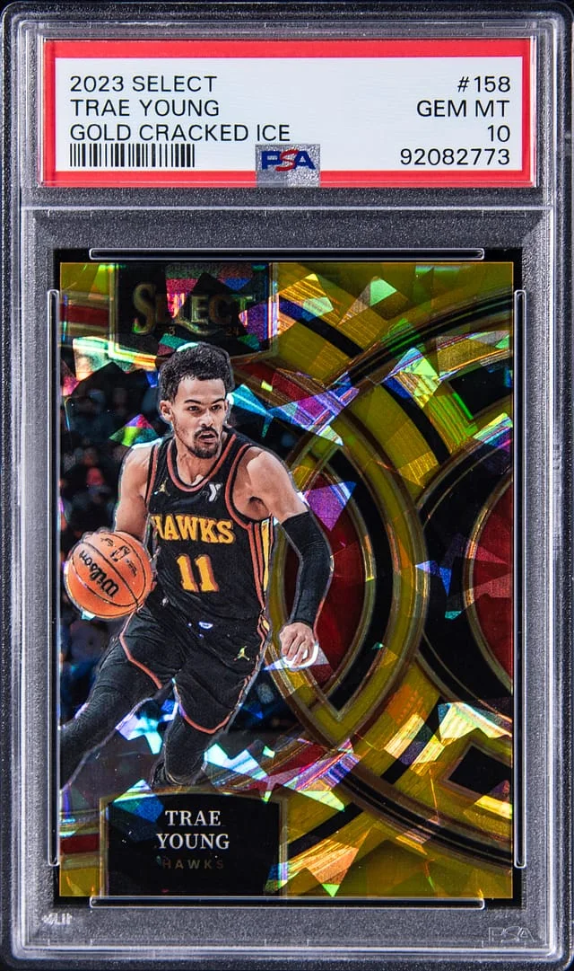 2023-24 Panini Select Trae Young Gold Cracked Ice #158 card image