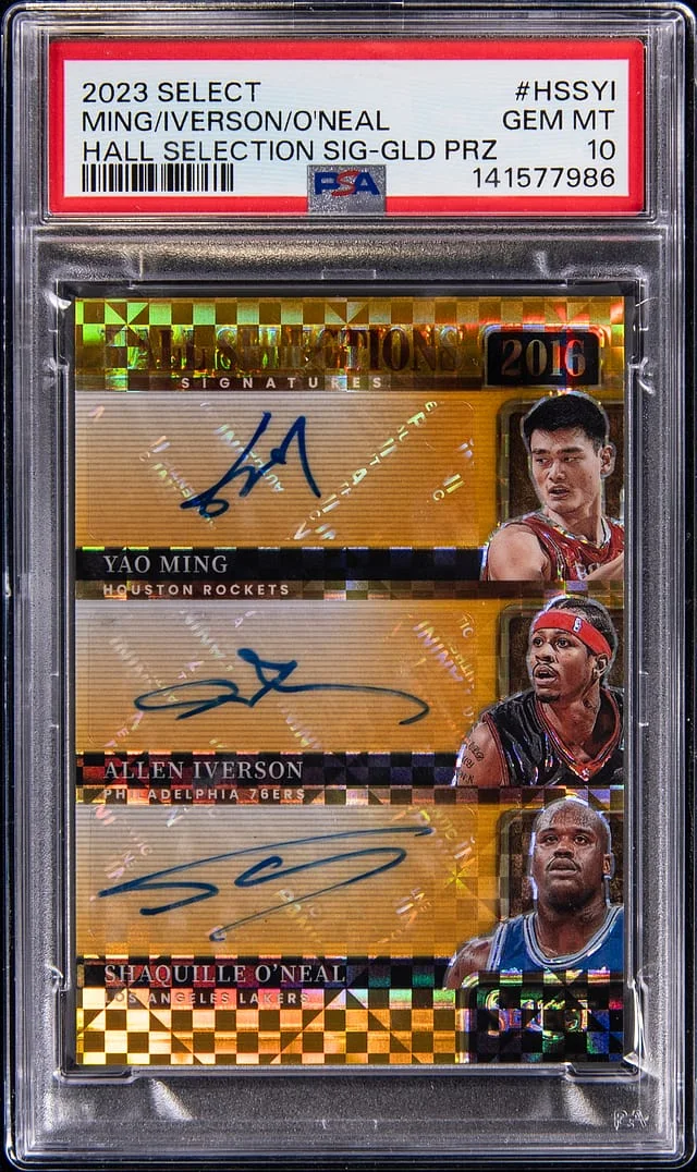 2023-24 Panini Select Yao Ming/Allen Iverson/Shaquille O'Neal Multi-Signed Hall Selection Signatures Gold Prizm #HS-SYI card image