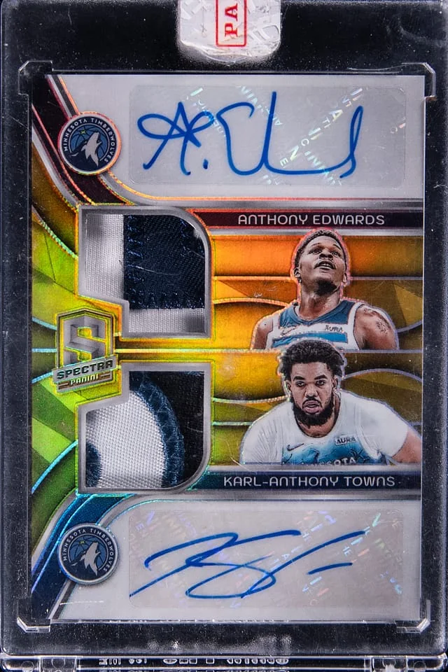2023-24 Panini Spectra Anthony Edwards/Karl-Anthony Towns Veteran Dual Patch Autographs Gold #VDP-MIN card image