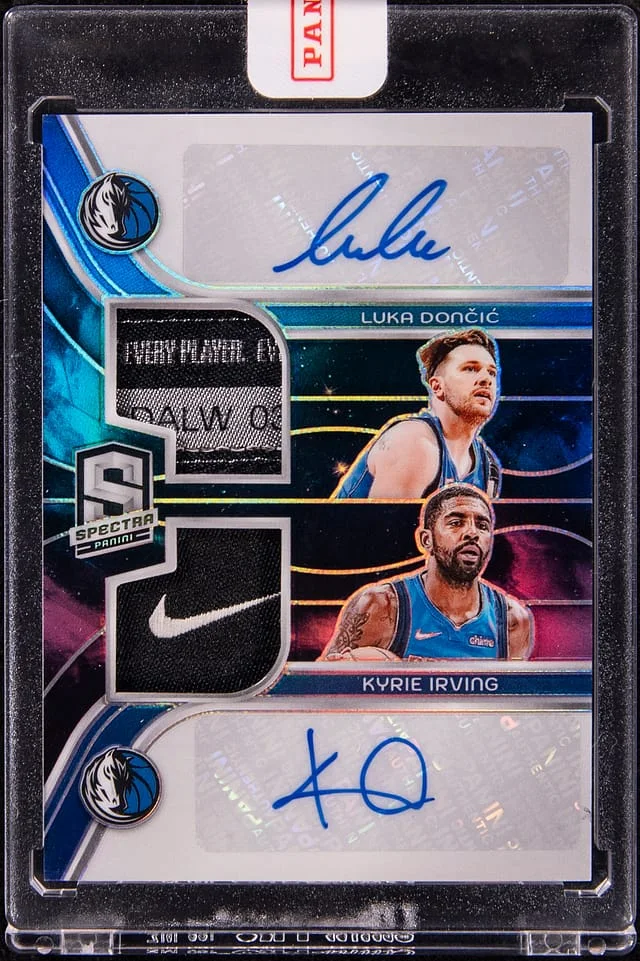2023-24 Panini Spectra Luka Doncic/Kyrie Irving Veteran Dual Patch Autographs Nebula #VDP-DAL card image
