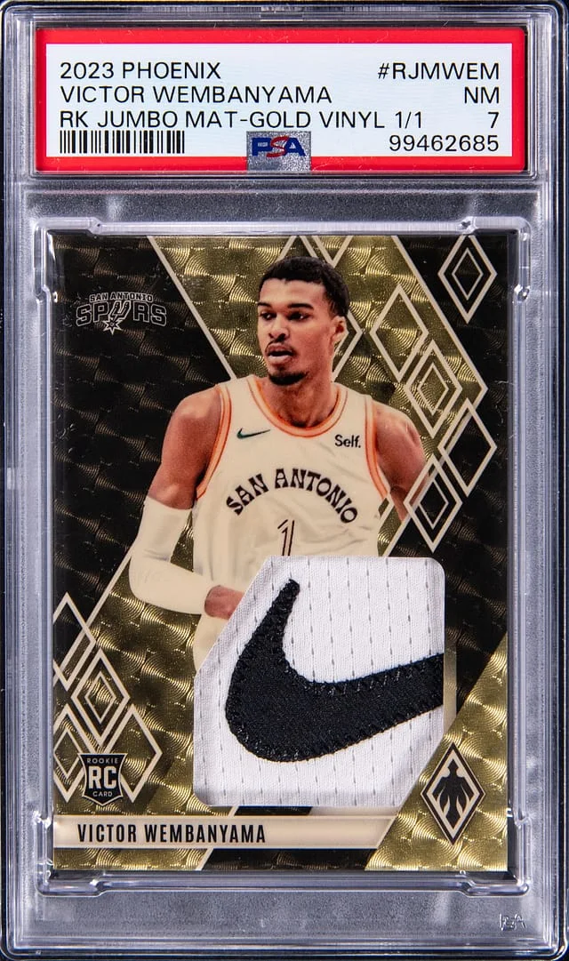 2023-24 Panini Victor Wembanyama Nike Swoosh Phoenix Jumbo Material Gold Vinyl Prizm #RJM-WEM card image