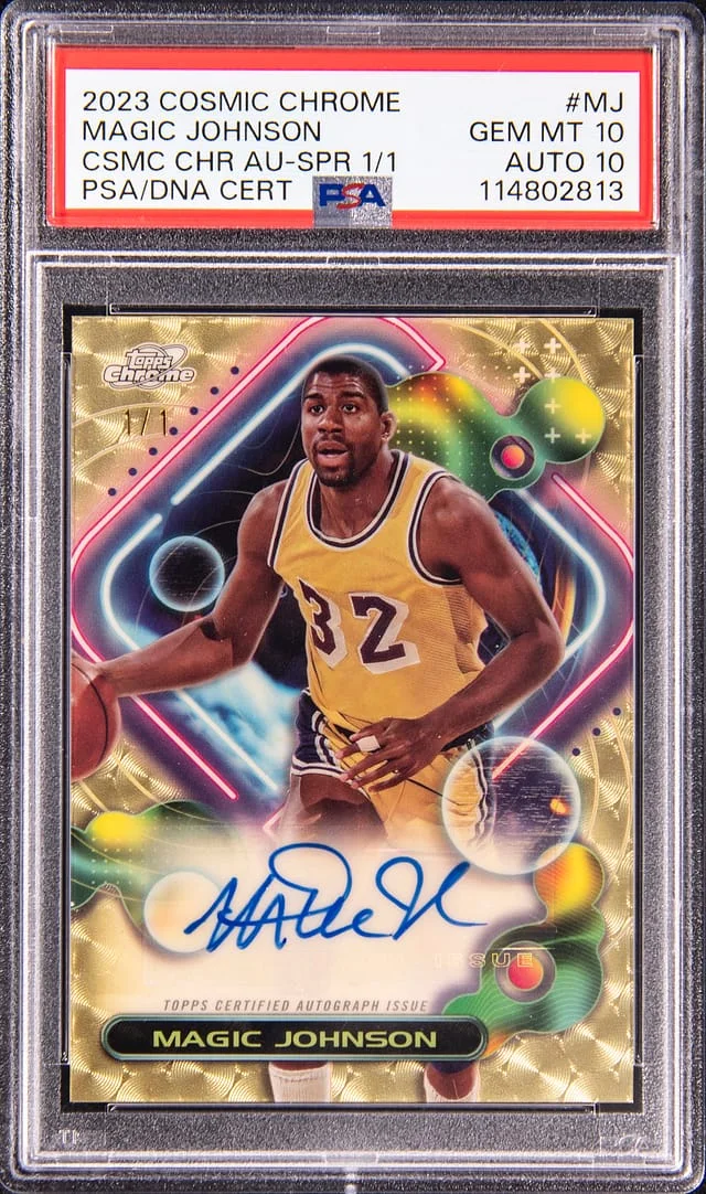 2023-24 Topps Magic Johnson Cosmic Chrome Cosmic Chrome Autographs Variation SuperFractor #CCAV-MJ card image
