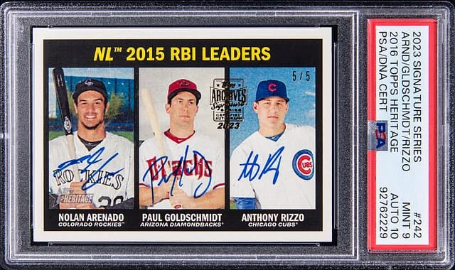 2023-24 Topps Nolan Arendado/Paul Goldschmidt/Anthony Rizzo Triple Signature Series 2016 Topps Heritage #242 card image