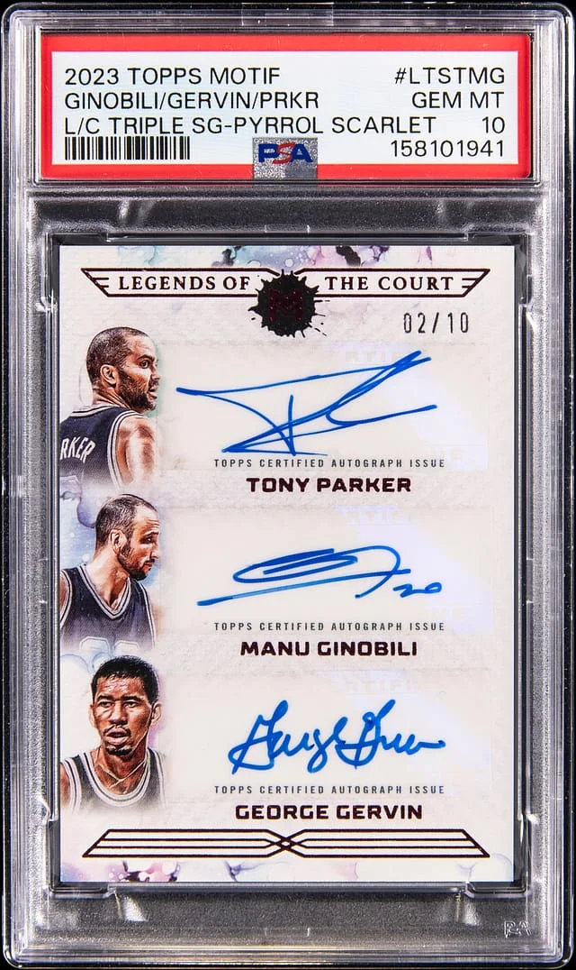 2023-24 Topps Tony Parker/Manu Ginobili/George Gervin Multi-Signed Motif Legends of the Court Triple Signatures Pyrrol Scarlet #LTS-TMG card image