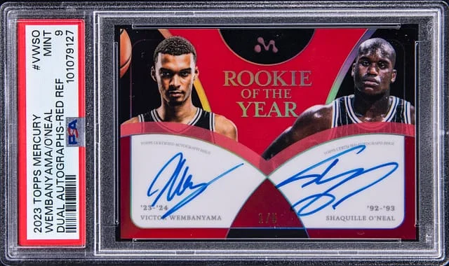 2023-24 Topps Victor Wembanyama/Shaquille O'Neal Mercury Dual Autographs Red Refractor #VW-SO card image