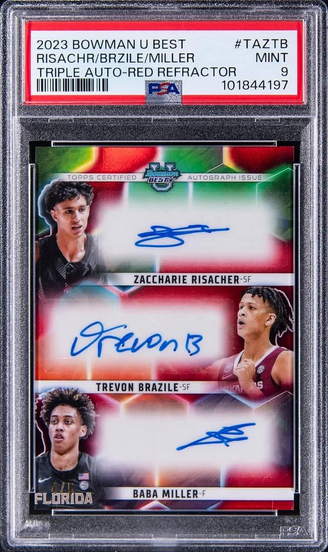 2023-24 Topps Zaccharie Risacher/Trevon Brazile/Baba Miller Multi-Signed Bowman U Best Triple Autographs Red Refractor #TA-ZTB card image