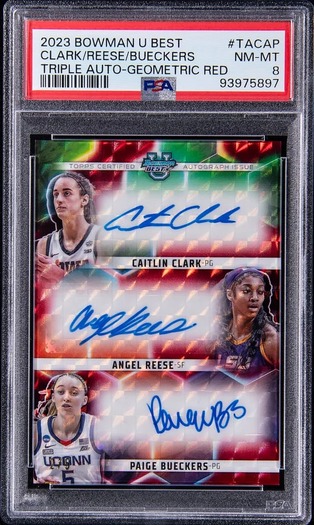 2023 Bowman Caitlin Clark/Angel Reese/Paige Bueckers Multi-Signed U Best Triple Autograph Geometric Red #TA-CAP card image