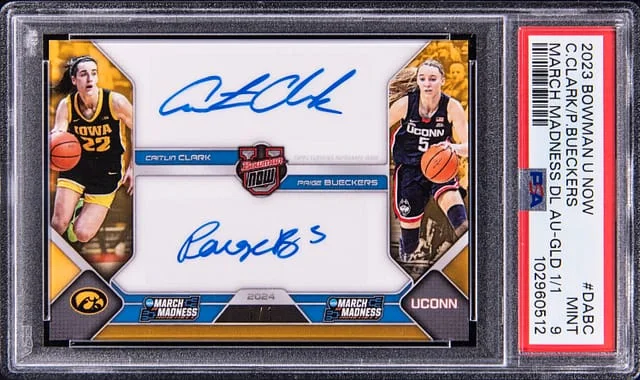 2023 Bowman Caitlin Clark/Paige Bueckers U Now March Madness Dual Autographs Gold #DA-BC card image