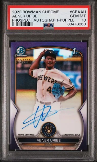 2023 Bowman Chrome Abner Uribe Prospect Autographs Purple #CPA-AU card image