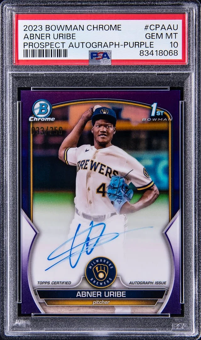 2023 Bowman Chrome Abner Uribe Prospect Autograph Purple Refractor #CPAAU card image