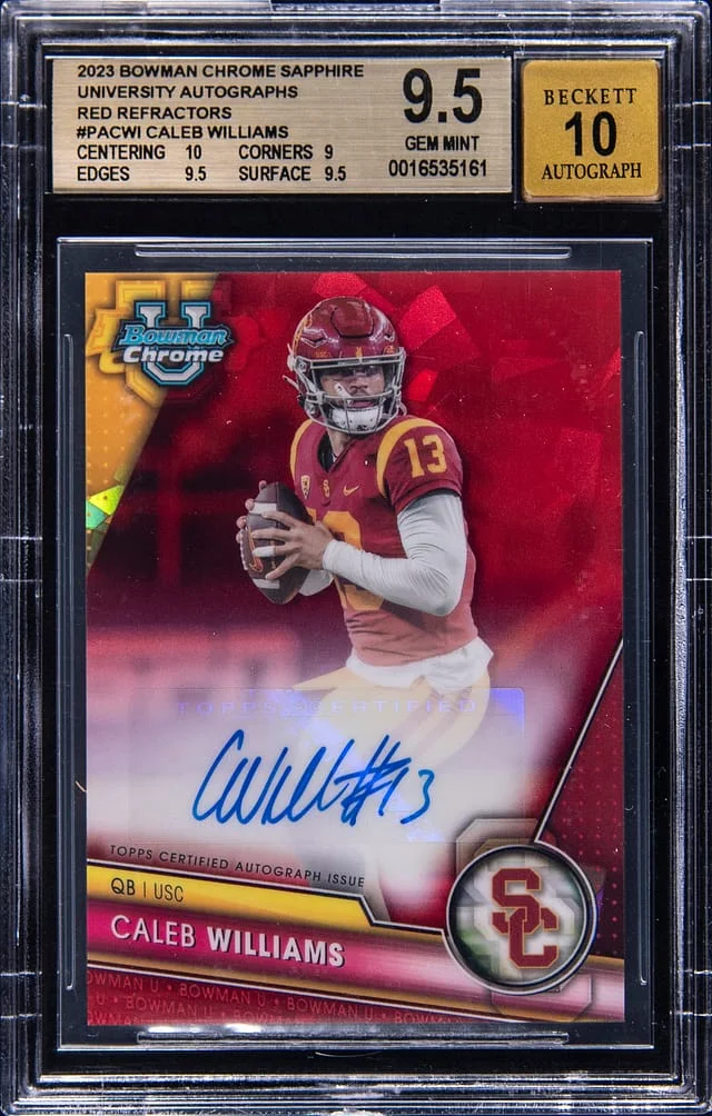 2023 Bowman Chrome Caleb Williams University Autographs Red Refractors #PA-CWI card image
