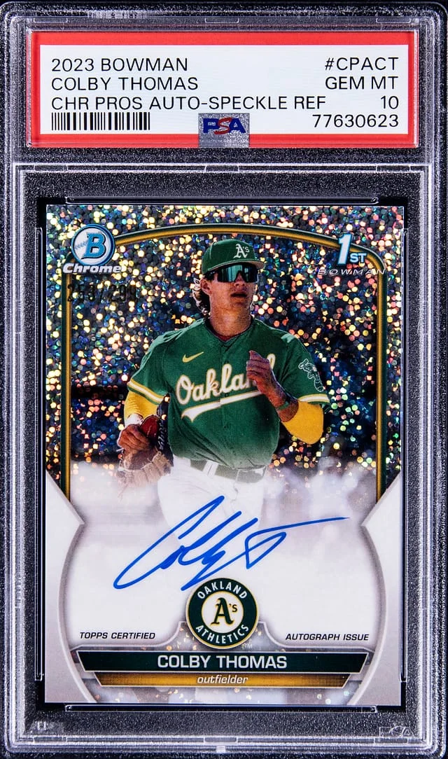 2023 Bowman Chrome Colby Thomas Prospect Autographs Speckle Refractor #CPACT card image