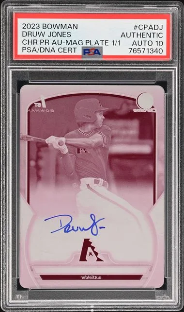 2023 Bowman Chrome Cpadj Druw Jones Prospect Autographs Magenta Printing Plate #1/1 card image