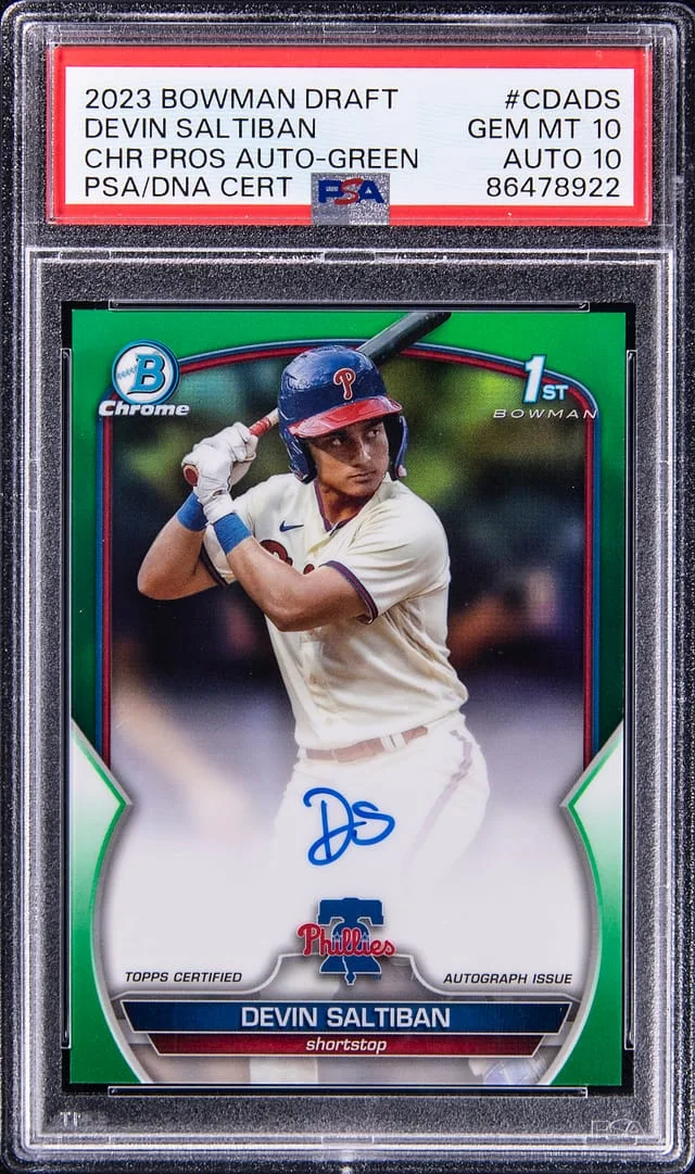 2023 Bowman Chrome Draft Devin Saltiban Prospect Autograph Green Refractor #CDADS card image