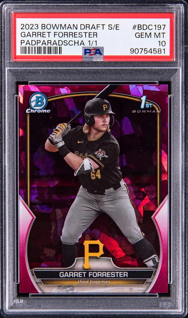 2023 Bowman Chrome Draft Garret Forrester Sapphire Edition Padparadcha #BDC-197 card image