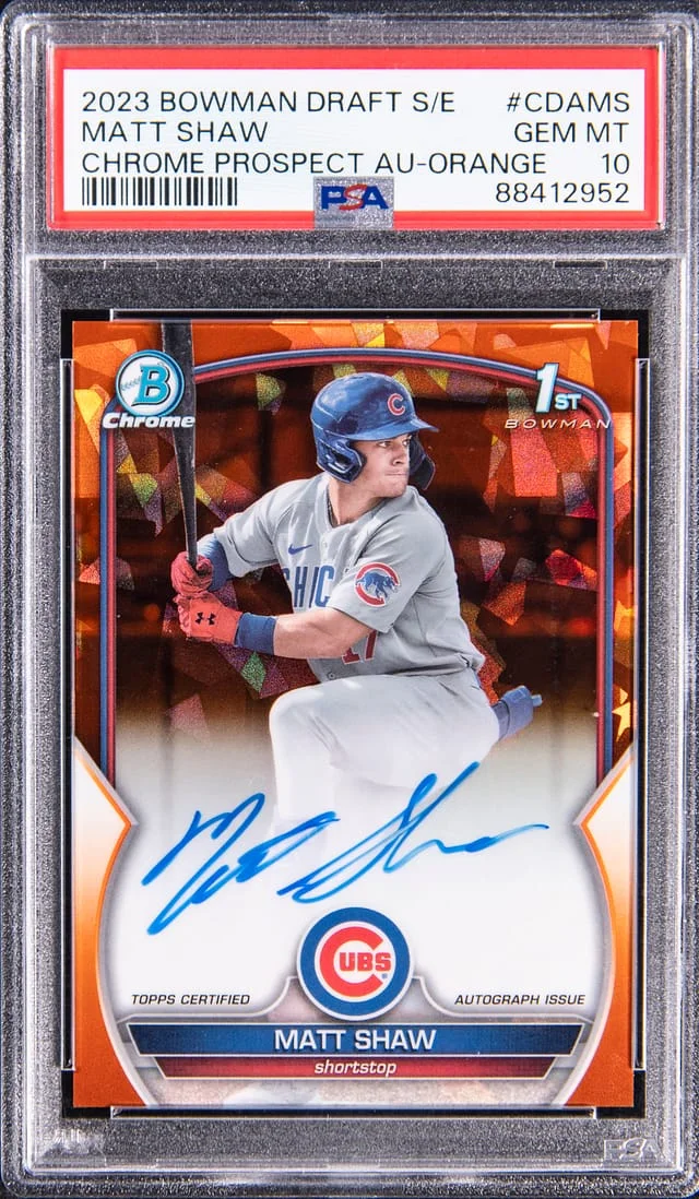 2023 Bowman Chrome Draft Matt Shaw Sapphire Edition Prospect Autograph Orange Refractor #CDA-MS card image