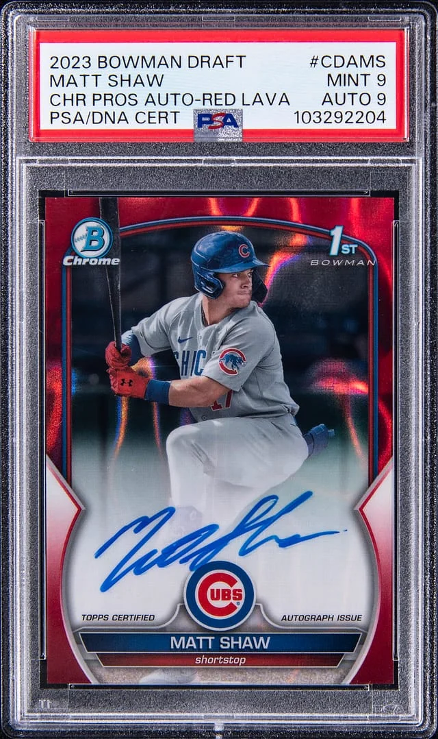 2023 Bowman Chrome Draft Matt Shaw Chrome Prospects Autographs Red Lava #CDAMS card image