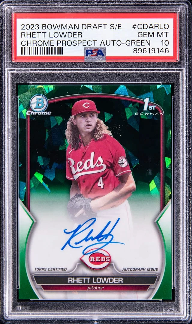 2023 Bowman Chrome Draft Rhett Lowder Sapphire Edition Prospect Autograph Green #CDARLO card image