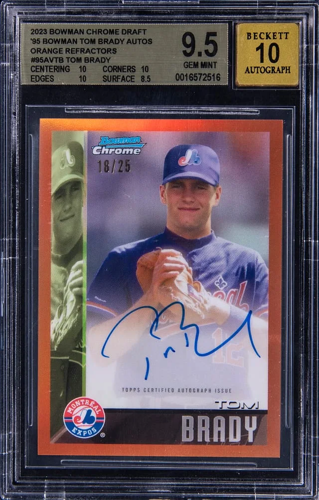 2023 Bowman Chrome Draft Tom Brady 95 Bowman Autographs Orange Refractor #95AVTB card image
