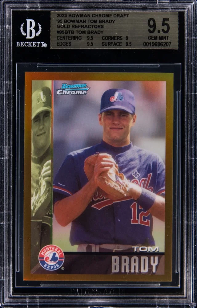 2023 Bowman Chrome Draft Tom Brady 1995 Bowman Dream Draft Picks Gold Refractor #95B-TB card image