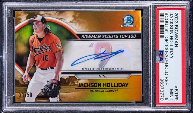 2023 Bowman Chrome Jackson Holliday Scouts' Top 100 Autograph Gold Refractor #BTP-9 card image