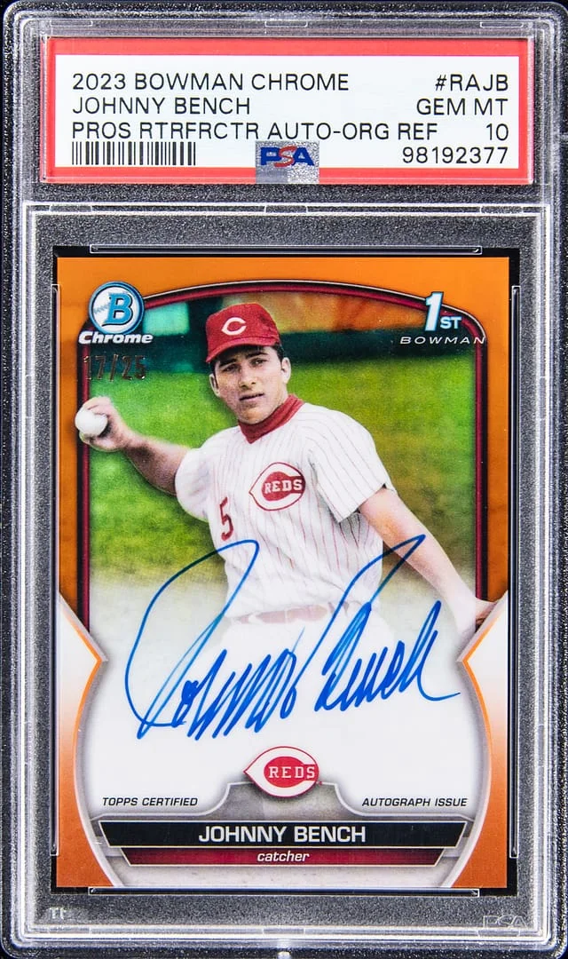 2023 Bowman Chrome Johnny Bench Prospect RetroFractor Autographs Orange Refractor #RA-JB card image