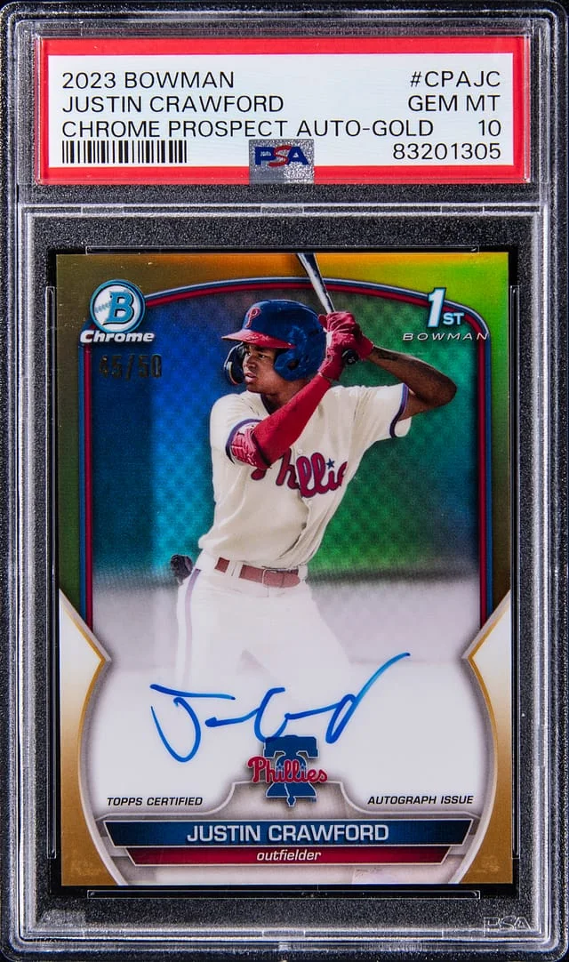 2023 Bowman Chrome Justin Crawford Prospect Autograph Gold Refractor #CPA-JC card image
