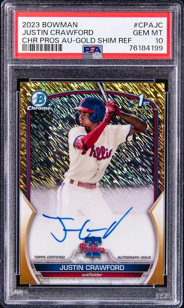 2023 Bowman Chrome Justin Crawford Prospect Autographs Blue Lunar Crater #CPAJC card image