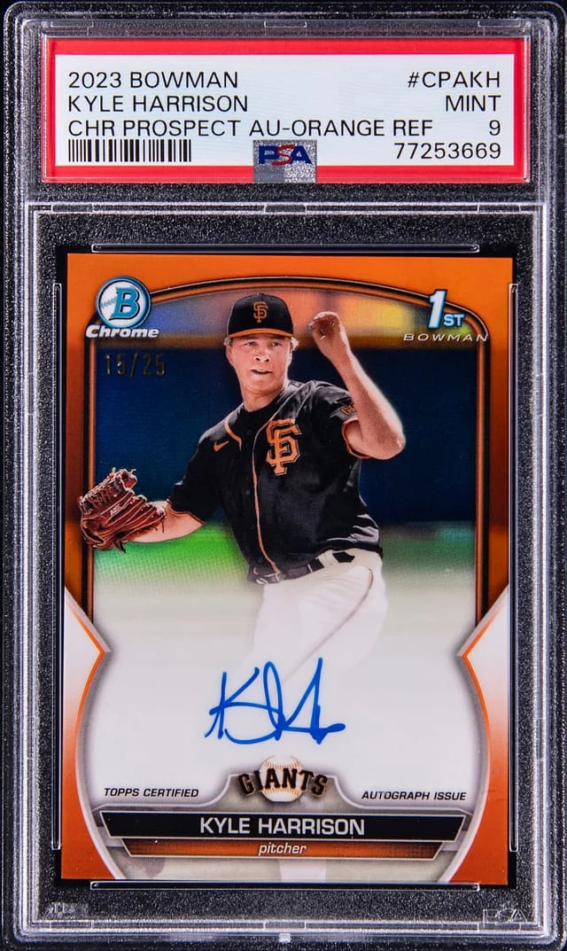 2023 Bowman Chrome Kyle Harrison Prospect Autographs Orange Refractor #CPA-KH card image