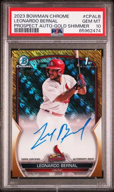 2023 Bowman Chrome Leonardo Bernal Prospect Autographs Gold Shimmer #CPALB card image