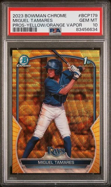 2023 Bowman Chrome Miguel Tamares 1st Bowman Yellow/Orange Vapor #BCP179 card image