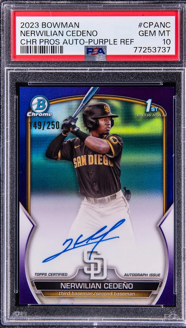 2023 Bowman Chrome Nerwilian Cedeno Prospect Autographs Purple Refractor #CPANC card image