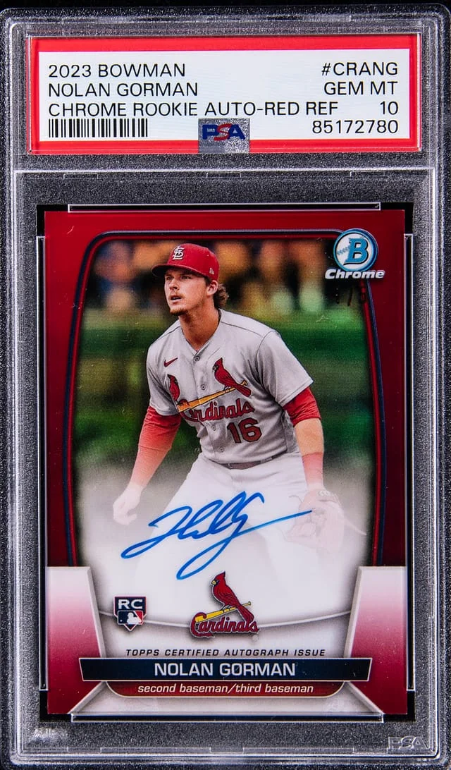 2023 Bowman Chrome Nolan Gorman Autographs Red Refractor #CRA-NG card image