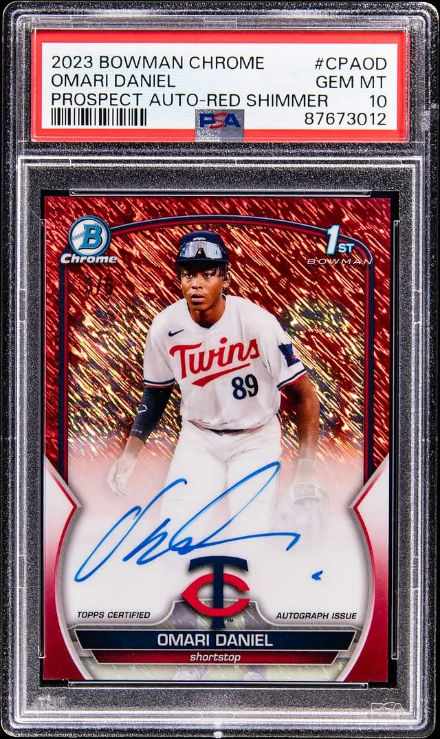 2023 Bowman Chrome Omari Daniel Prospect Autograph Red Shimmer Refractor #CPA-OD card image